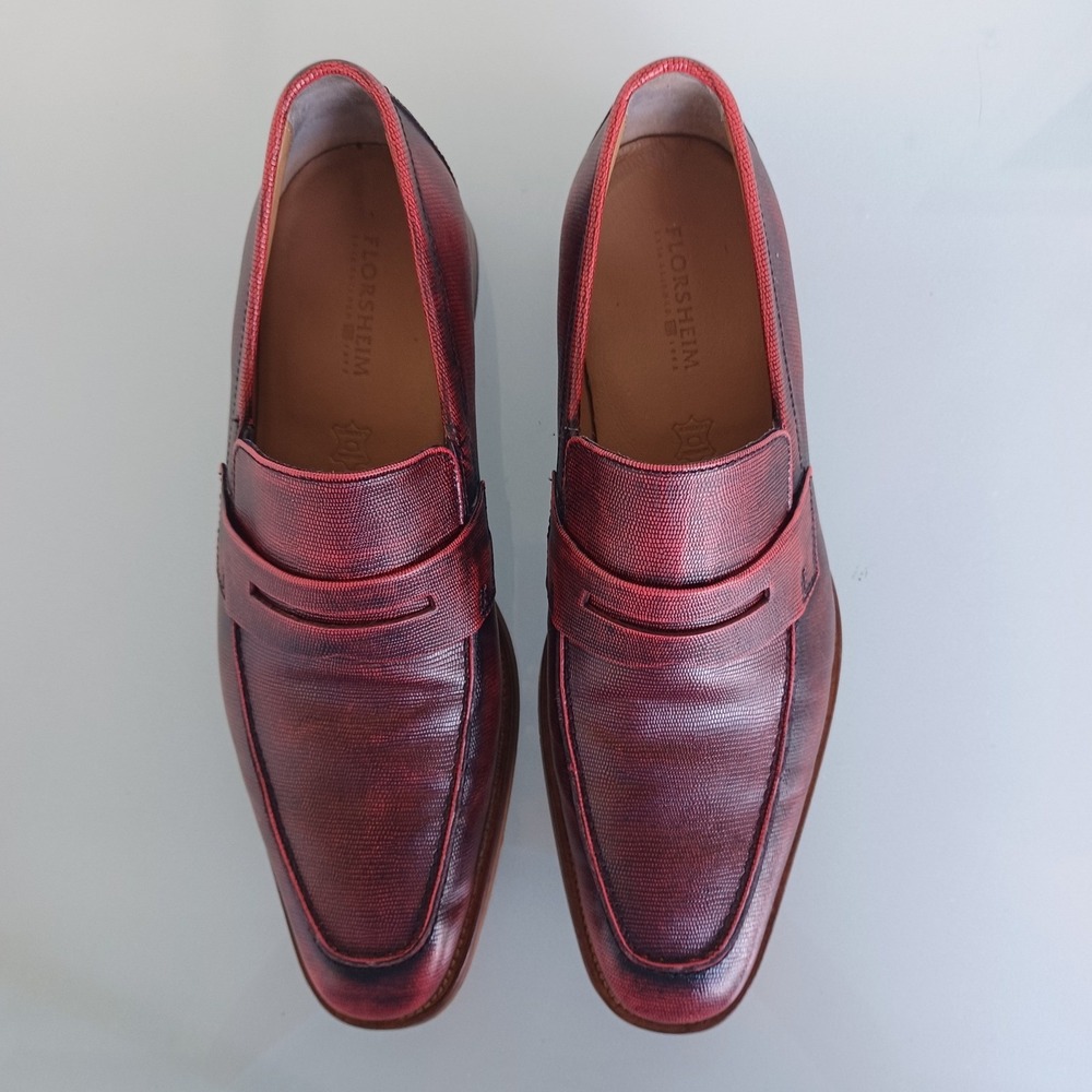 Florsheim Mens Burgundy Lizard Embossed Leather Penny Loafers 9.5 D 600 - Picture 2 of 11